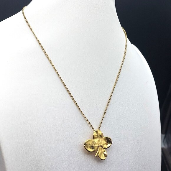 Gold Dipped Vermeil Four Leaf Clover Pendant Brooch On 20" Chain Necklace - Picture 1 of 7